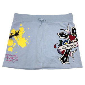 Vintage Y2K Ed Hardy Intimates Baby Blue Knit Cross Graphic Mini Skirt L 30x13.5
